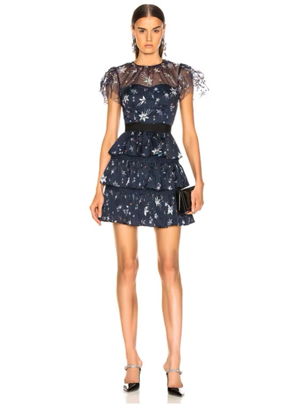 Self-Portrait Tiered Star Mesh Printed Mini Dress
